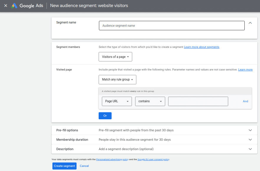 Audience definition for new your data segment consisting of website visitors