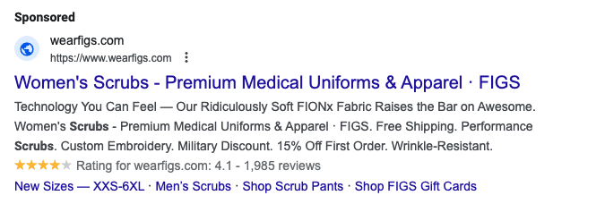Example of a Dynamic Search Ads when searching for “plus size scrubs”