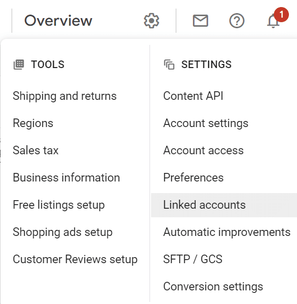 GMC's Linked Accounts button under the Settings drop-down menu in the top center