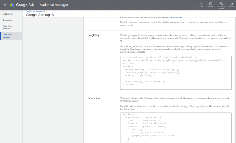 Global site tag and event snippet code in Your data sources within Audience manager