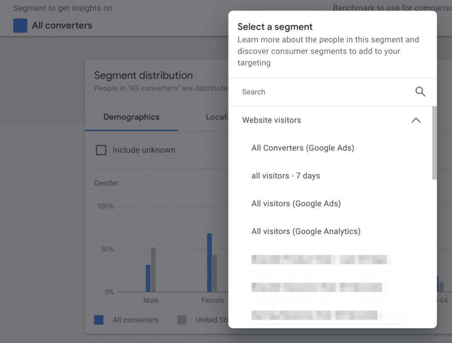 Menu for selecting a segment in Audience Manager (to get insight)