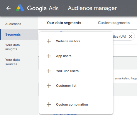 Menu to specify the data source of remarketing audience