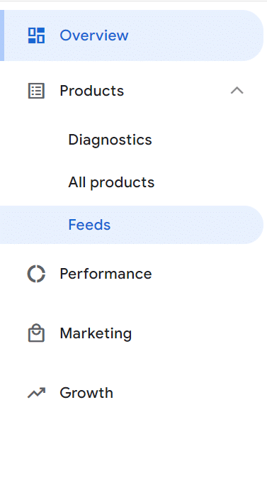 left-side menu in Google Merchant Center where you can find “Feeds”