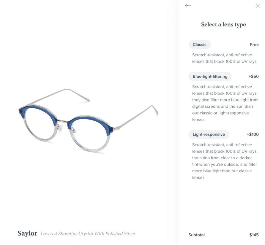 A screenshot of Warby Parker’s landing page where you can read the product’s features and benefits