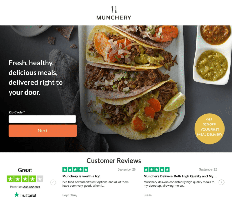A screenshot of a landing page by Munchery