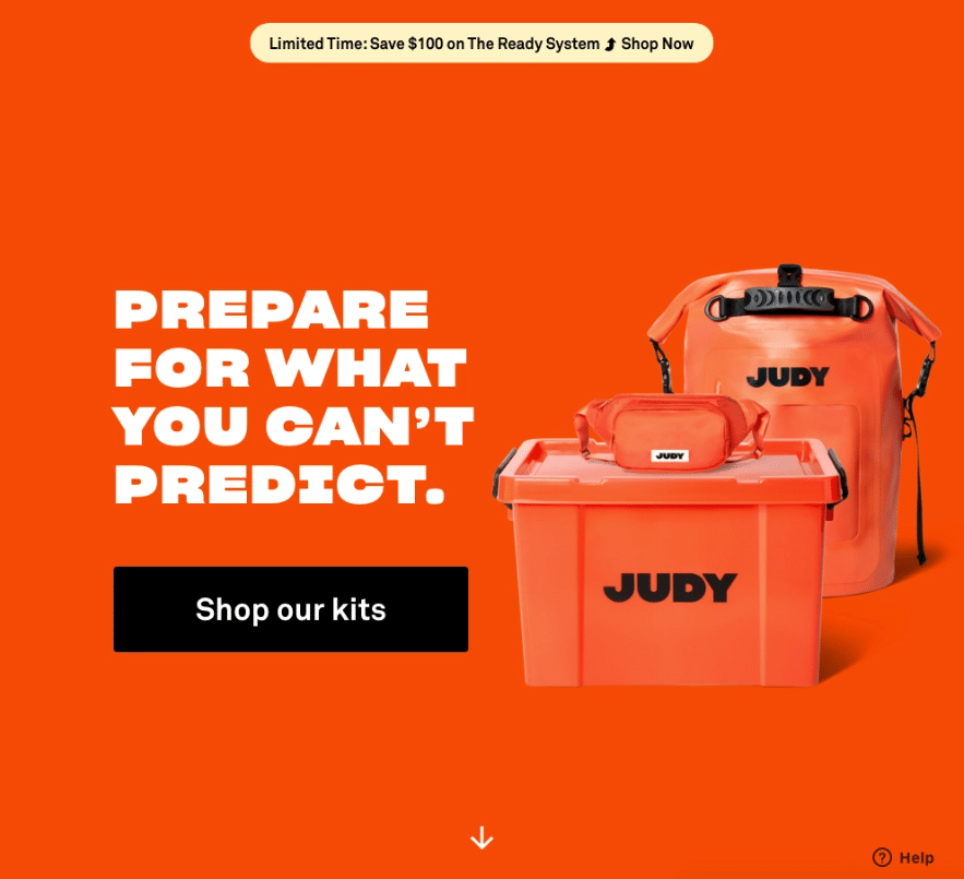 A screenshot of a strong call-to-action by survival brand Judy