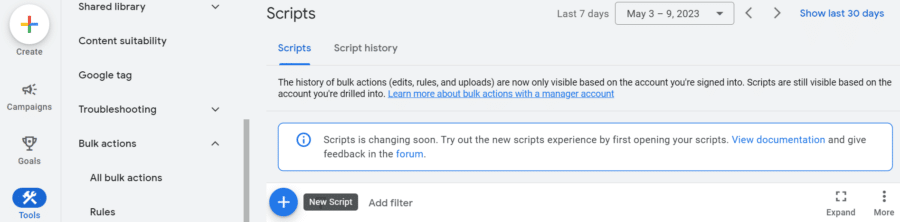A screenshot of the + button where you can add a new script