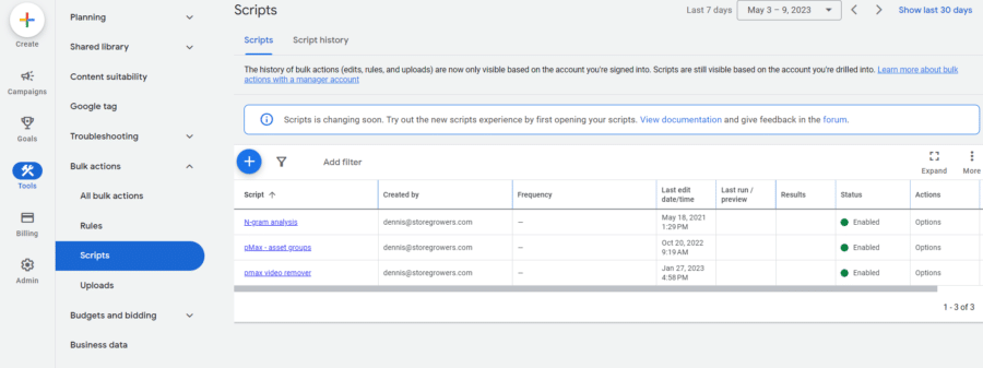 A screenshot preview of the scripts dashboard in Google Ads