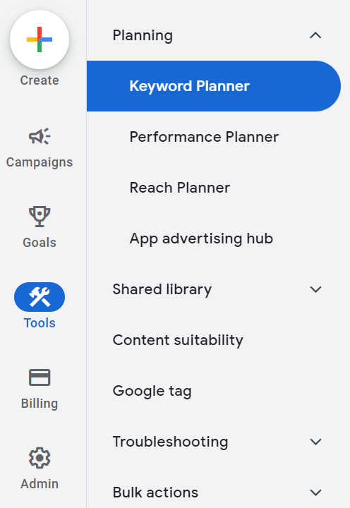 drop-down menu on the left side where you can find Tools in Google Ads