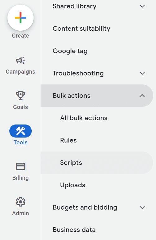 drop-down menu where you can find Bulk actions and Scripts in Google Ads