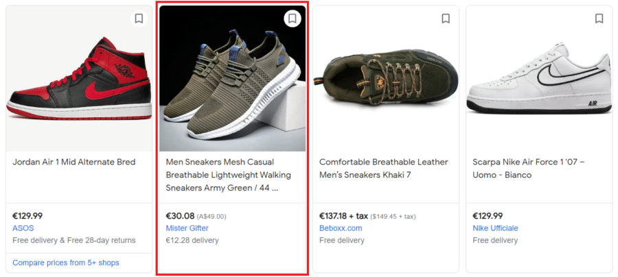 Screenshot showing the search results on Google Shopping for "sneakers for men" query