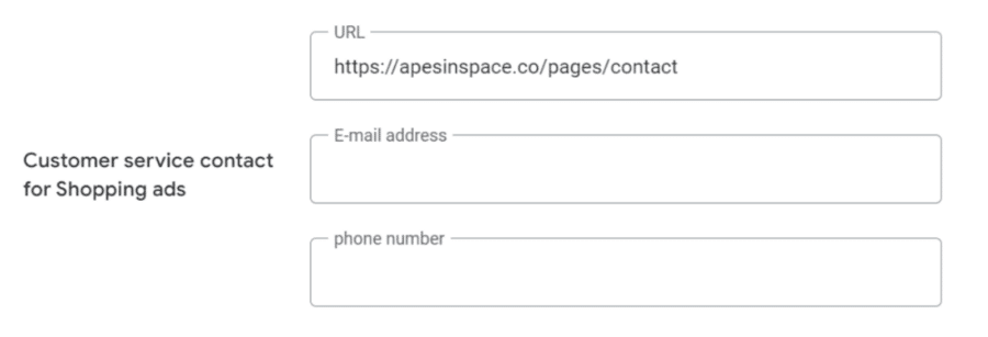 A screenshot of the URL field under Tools & Settings and Business Information in Google Merchant Center