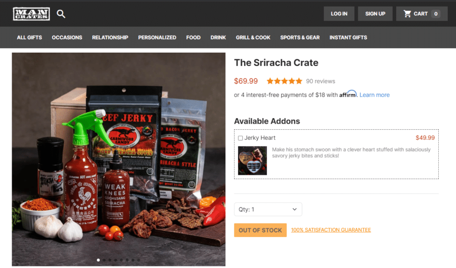 the Sriracha crate product page