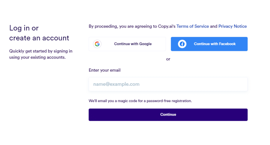A screenshot of the login page on Copy