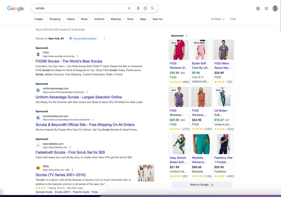 How SGE looks like when you search for “scrubs”