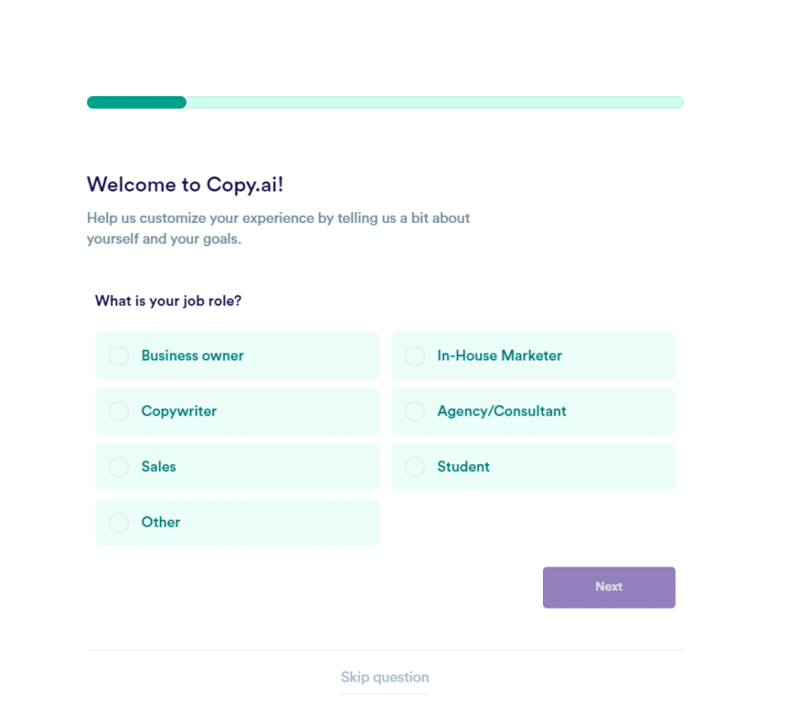 Screenshot of Copy’s short survey