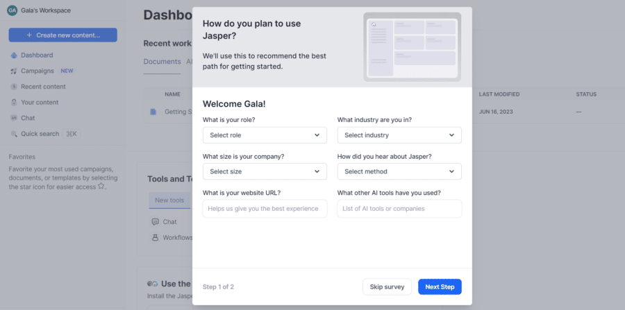 Screenshot of a questionnaire on how to use Jasper