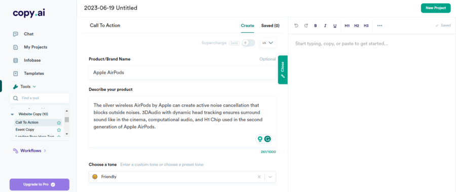 Screenshot of the “Call To Action” tool available on Copy’s dashboard