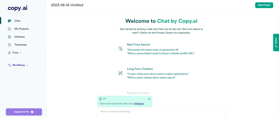 Screenshot of the “New Project” button on Copy’s website