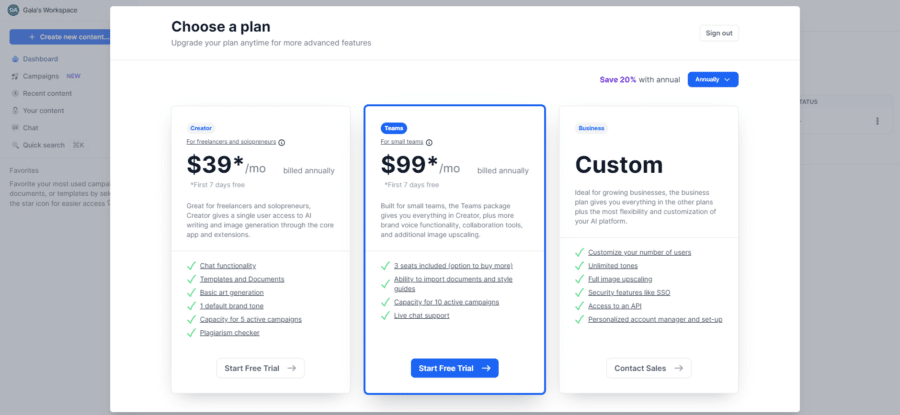 Screenshot of the page where you select Jasper’s subscription plan