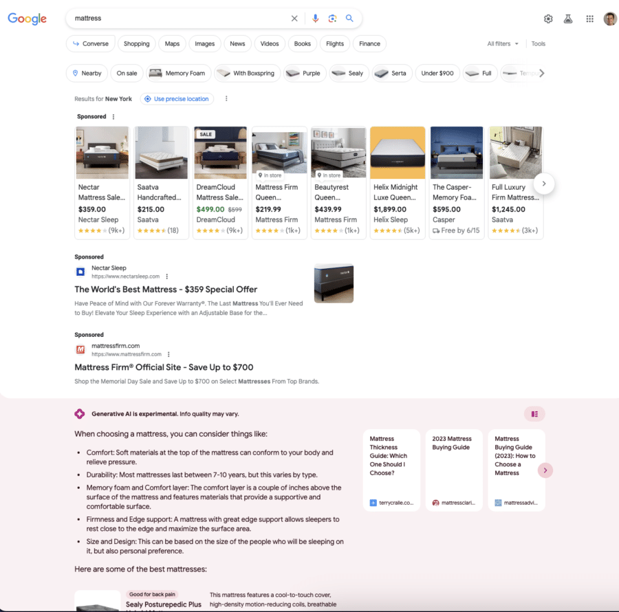 What Google looks like once you search for the word “mattress”