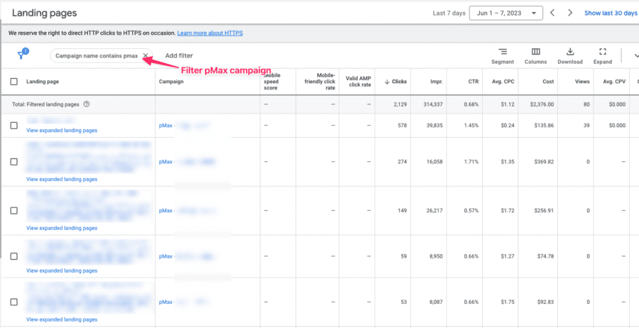 performance max landing page report