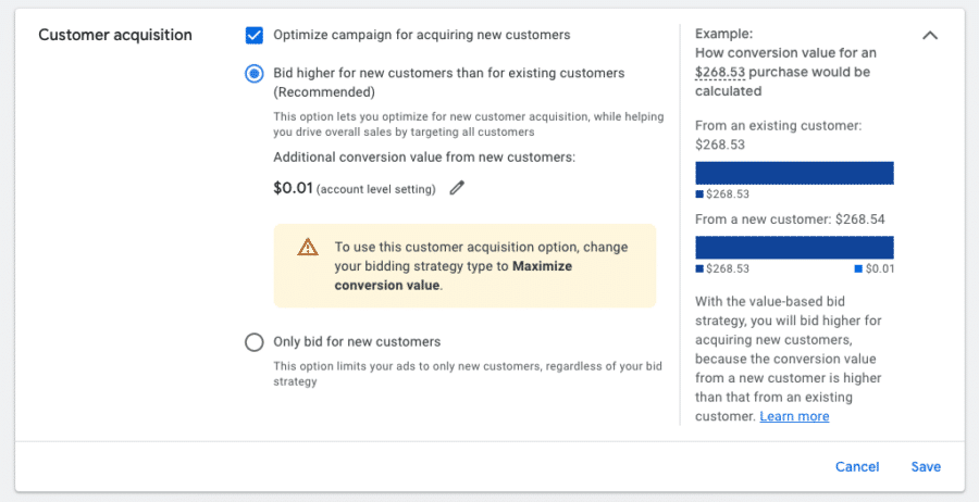 performance max new customer acquisition