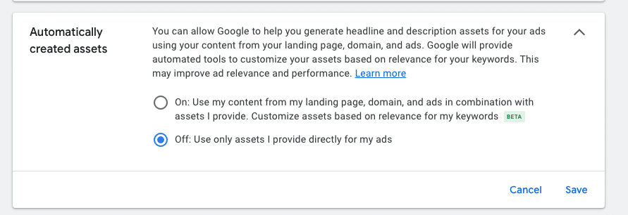 google automatically create assets settings